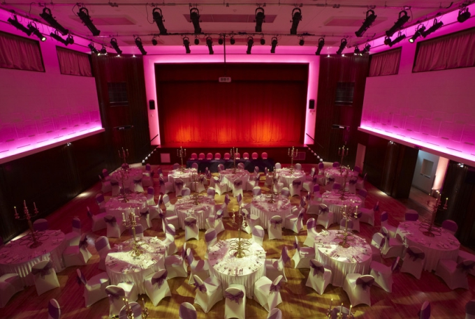 Assembly hall - pink and white dining with breakup