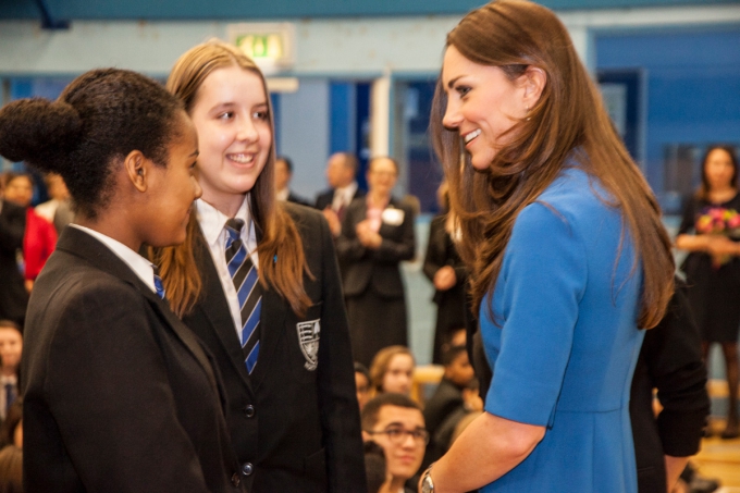 Duchess of Cambridge's visit to Northolt High School: Duchess speaking to two students